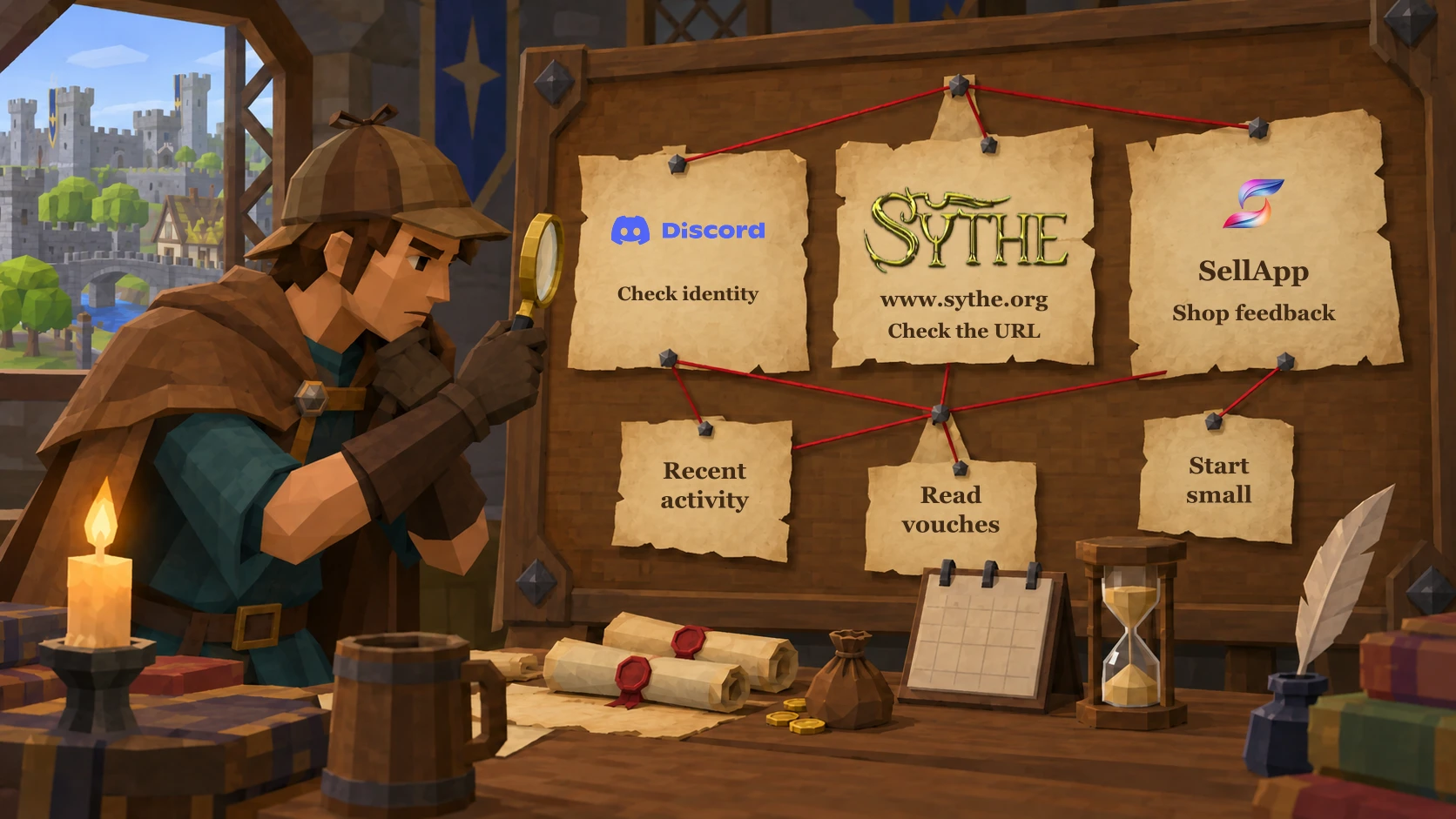 A RuneScape-style buyer in detective gear follows clues linked by red string. Real Discord, Sythe and SellApp logos mark checks for identity, the Sythe URL and shop feedback. Other clues cover recent activity, vouches and starting small.