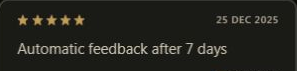 Fury Accounts feedback entry with five stars, a 25 December 2025 date and the words Automatic feedback after 7 days.