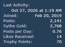 Sythe profile fields showing Last Activity, Joined and post counts on FuryShark's account.