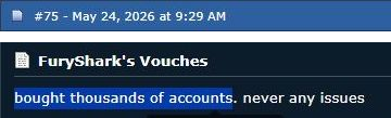 Two crops from the same Sythe vouch: post 75 dated 24 May 2026 and a buyer's account-purchase claim.